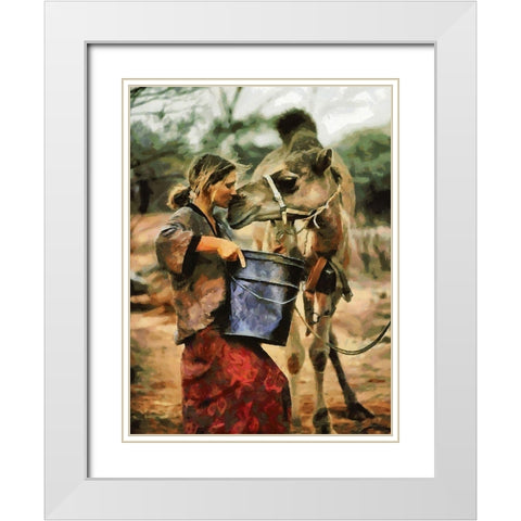 Girl feeding  Camel White Modern Wood Framed Art Print with Double Matting by Medeiros, Celito