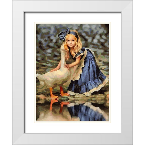 Small girl with Goose White Modern Wood Framed Art Print with Double Matting by Medeiros, Celito