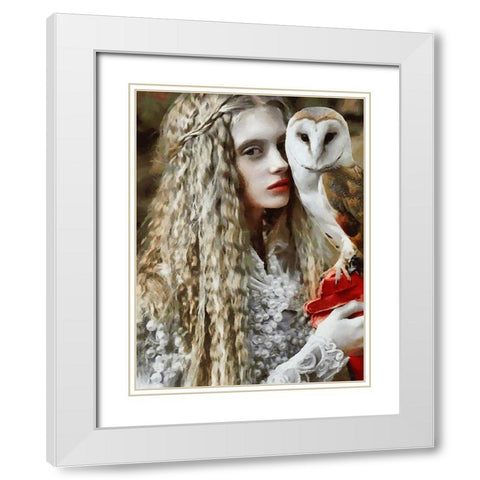 White Girl with Owl White Modern Wood Framed Art Print with Double Matting by Medeiros, Celito