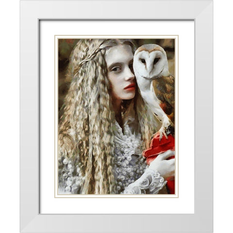 White Girl with Owl White Modern Wood Framed Art Print with Double Matting by Medeiros, Celito