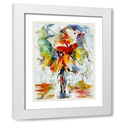 Watercolor lady with Umbrella White Modern Wood Framed Art Print with Double Matting by Medeiros, Celito
