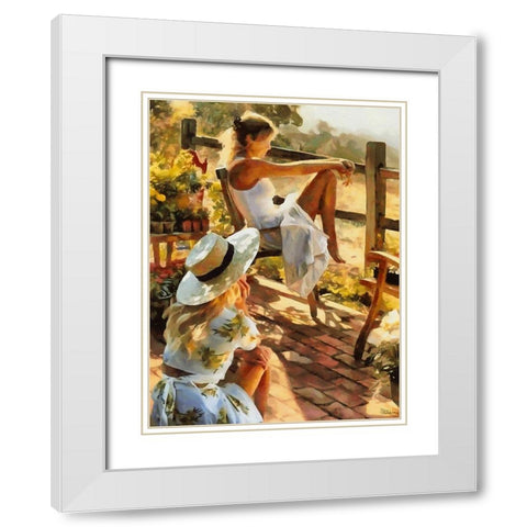 Sitting Girls White Modern Wood Framed Art Print with Double Matting by Medeiros, Celito