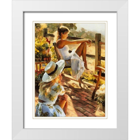 Sitting Girls White Modern Wood Framed Art Print with Double Matting by Medeiros, Celito