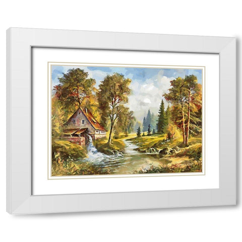 An Old Mill with Watterfall White Modern Wood Framed Art Print with Double Matting by Medeiros, Celito