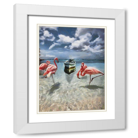 Pink Flamingos White Modern Wood Framed Art Print with Double Matting by Medeiros, Celito