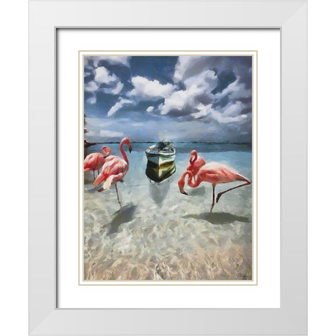 Pink Flamingos White Modern Wood Framed Art Print with Double Matting by Medeiros, Celito