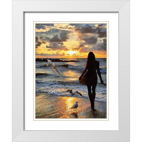 Girl with Seagulls White Modern Wood Framed Art Print with Double Matting by Medeiros, Celito