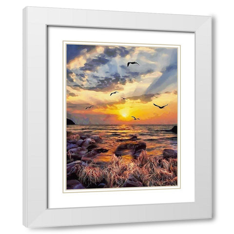 Seagulls by Sunset White Modern Wood Framed Art Print with Double Matting by Medeiros, Celito
