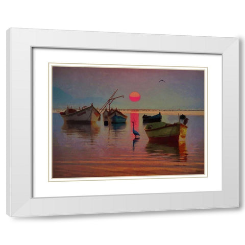 Boats with pink Sun White Modern Wood Framed Art Print with Double Matting by Medeiros, Celito