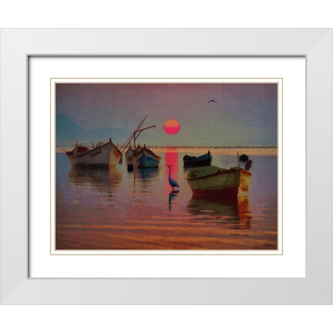 Boats with pink Sun White Modern Wood Framed Art Print with Double Matting by Medeiros, Celito