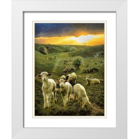 Sheeps by Sunrise White Modern Wood Framed Art Print with Double Matting by Medeiros, Celito
