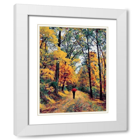 Autumn Walk with Red Umbrella White Modern Wood Framed Art Print with Double Matting by Medeiros, Celito