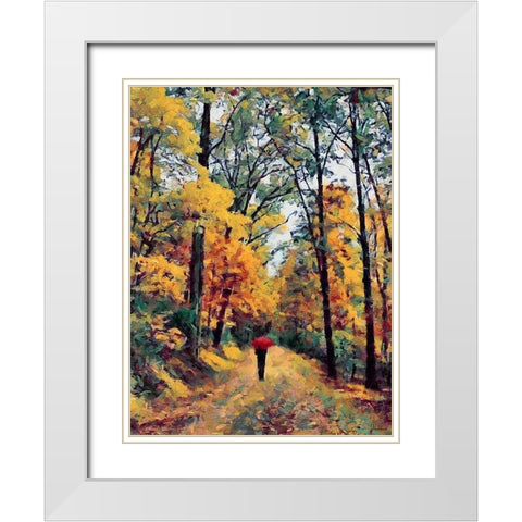 Autumn Walk with Red Umbrella White Modern Wood Framed Art Print with Double Matting by Medeiros, Celito