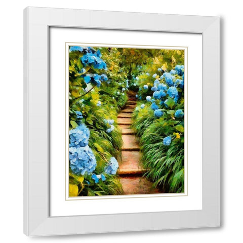 Stairs between Hydrangeas White Modern Wood Framed Art Print with Double Matting by Medeiros, Celito