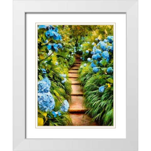 Stairs between Hydrangeas White Modern Wood Framed Art Print with Double Matting by Medeiros, Celito