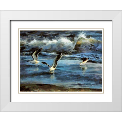 Seagulls ont the Beach White Modern Wood Framed Art Print with Double Matting by Medeiros, Celito