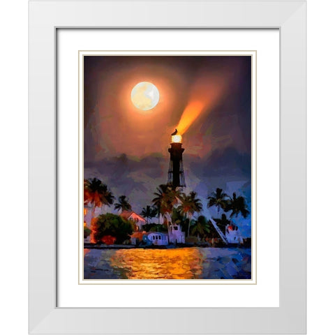 Lighthouse with Full Moon White Modern Wood Framed Art Print with Double Matting by Medeiros, Celito