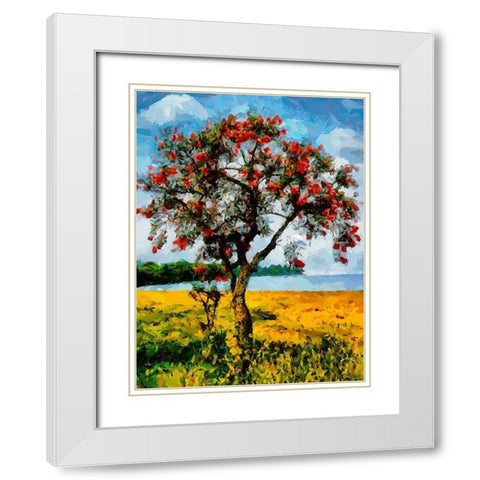 Red Tree on a Yellow Field White Modern Wood Framed Art Print with Double Matting by Medeiros, Celito