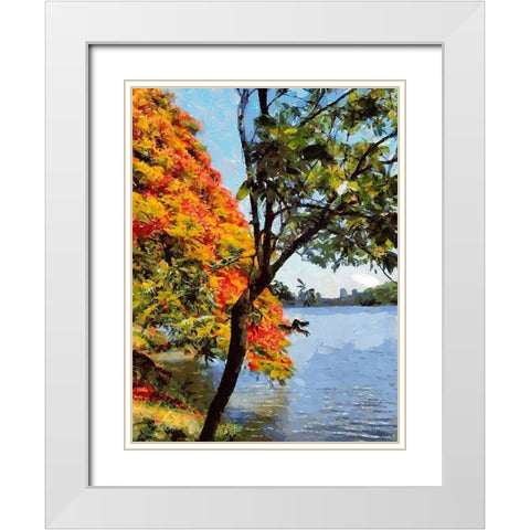 Flowering Tree near the Lake White Modern Wood Framed Art Print with Double Matting by Medeiros, Celito