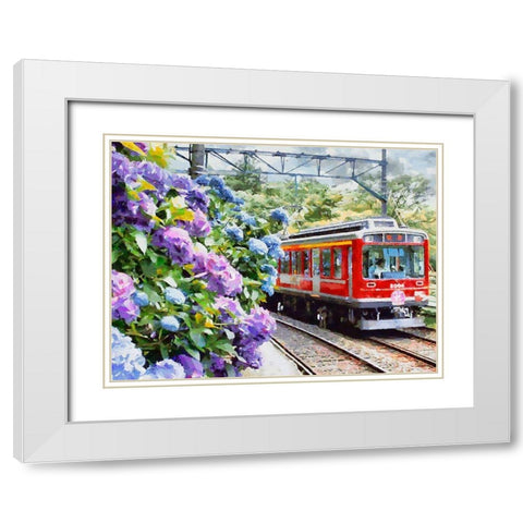 Red Train with Hydrangea White Modern Wood Framed Art Print with Double Matting by Medeiros, Celito