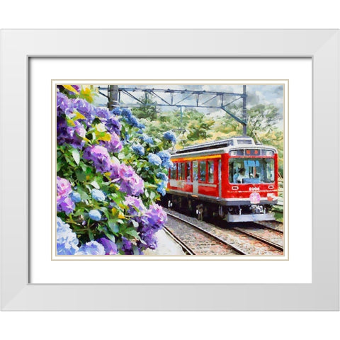 Red Train with Hydrangea White Modern Wood Framed Art Print with Double Matting by Medeiros, Celito