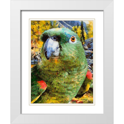 Green Parrot White Modern Wood Framed Art Print with Double Matting by Medeiros, Celito