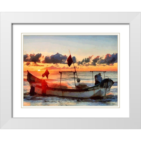 Boat by Sunset I White Modern Wood Framed Art Print with Double Matting by Medeiros, Celito