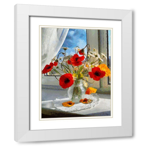 Red Poppies in Vase White Modern Wood Framed Art Print with Double Matting by Medeiros, Celito