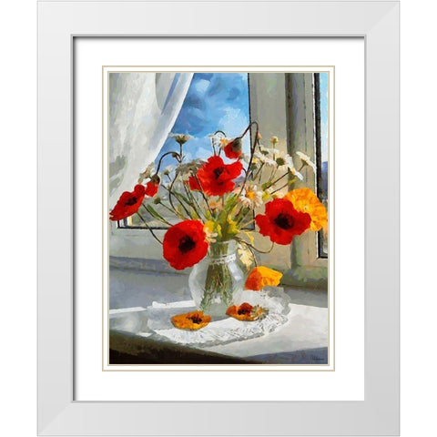 Red Poppies in Vase White Modern Wood Framed Art Print with Double Matting by Medeiros, Celito