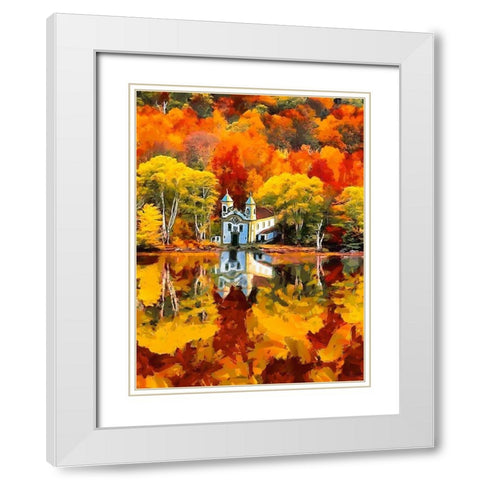 Churche by the Lake in Autumn White Modern Wood Framed Art Print with Double Matting by Medeiros, Celito