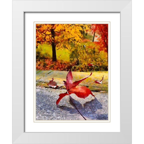 Red Leaf on the Street White Modern Wood Framed Art Print with Double Matting by Medeiros, Celito
