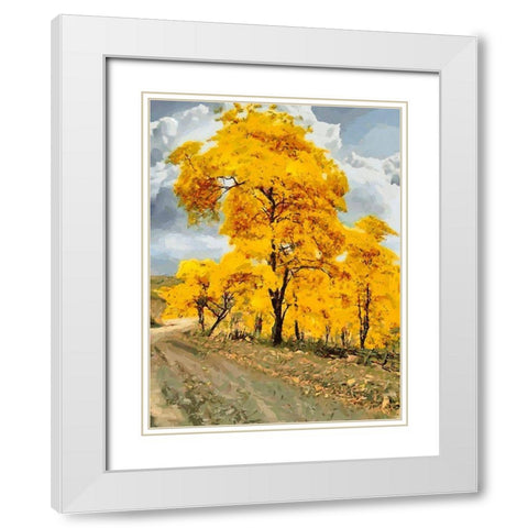 Yellow blooming Tree White Modern Wood Framed Art Print with Double Matting by Medeiros, Celito