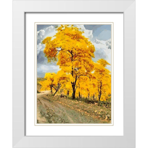 Yellow blooming Tree White Modern Wood Framed Art Print with Double Matting by Medeiros, Celito