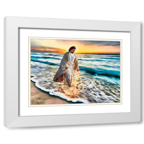 Jesus walking on the Beach White Modern Wood Framed Art Print with Double Matting by Medeiros, Celito
