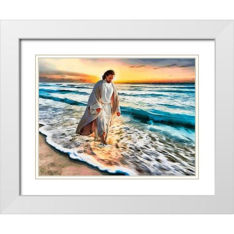 Jesus walking on the Beach White Modern Wood Framed Art Print with Double Matting by Medeiros, Celito
