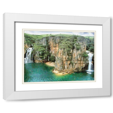 Two Wattefalls near a Rock White Modern Wood Framed Art Print with Double Matting by Medeiros, Celito