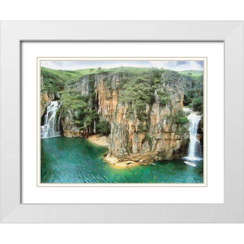 Two Wattefalls near a Rock White Modern Wood Framed Art Print with Double Matting by Medeiros, Celito