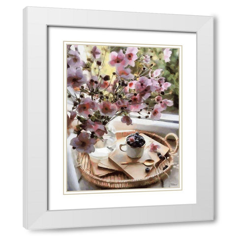Pink Flowers with Blueberries White Modern Wood Framed Art Print with Double Matting by Medeiros, Celito
