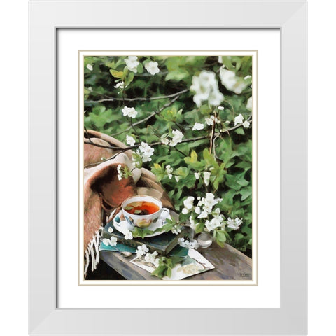 Tea in the Garden White Modern Wood Framed Art Print with Double Matting by Medeiros, Celito