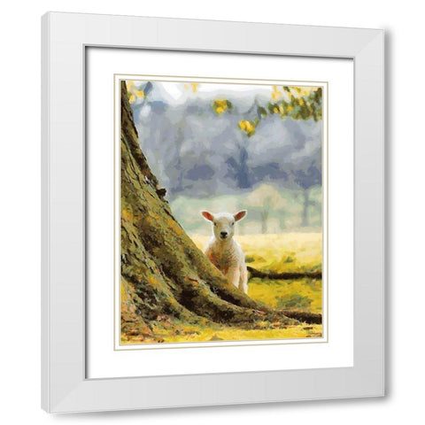 Sheep behind the Tree White Modern Wood Framed Art Print with Double Matting by Medeiros, Celito