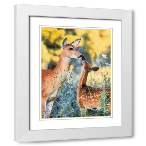 Deer kissing her Baby White Modern Wood Framed Art Print with Double Matting by Medeiros, Celito