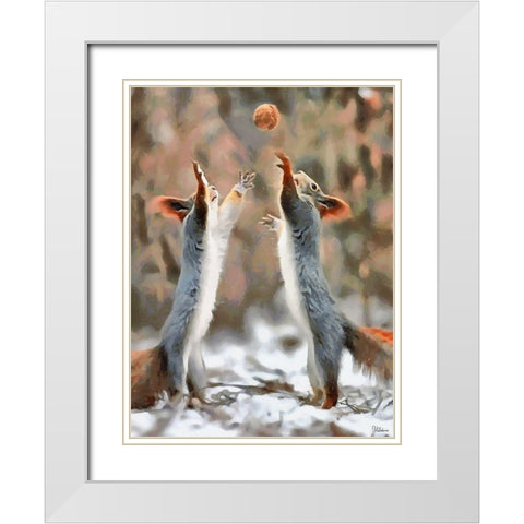 Playing Squirrells White Modern Wood Framed Art Print with Double Matting by Medeiros, Celito