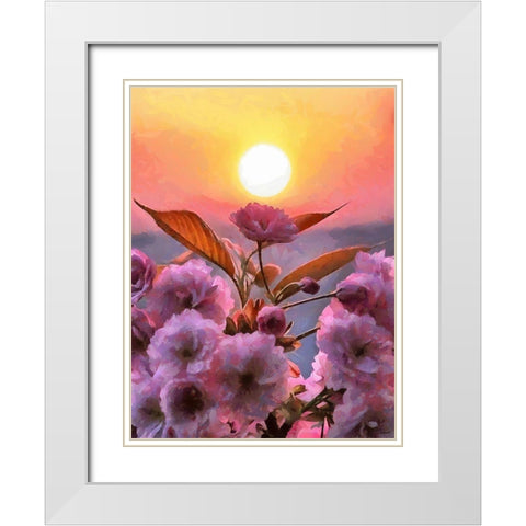 Sunset Behind Pink Flowers White Modern Wood Framed Art Print with Double Matting by Medeiros, Celito