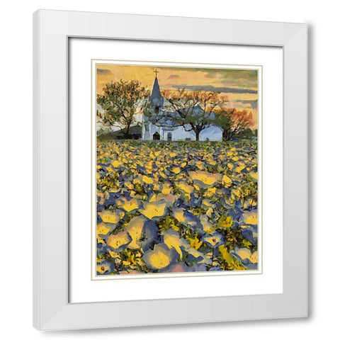 White Church behind a Filed with Flowers White Modern Wood Framed Art Print with Double Matting by Medeiros, Celito