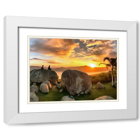 Coupple on the Rock by Sunset White Modern Wood Framed Art Print with Double Matting by Medeiros, Celito