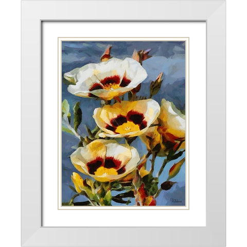 White Flowers on Blue Background White Modern Wood Framed Art Print with Double Matting by Medeiros, Celito