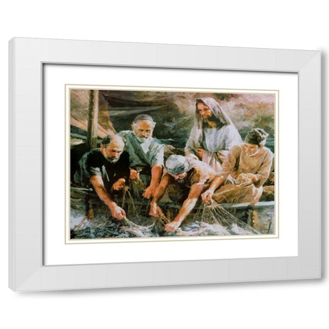 Jesus with Fishers White Modern Wood Framed Art Print with Double Matting by Medeiros, Celito