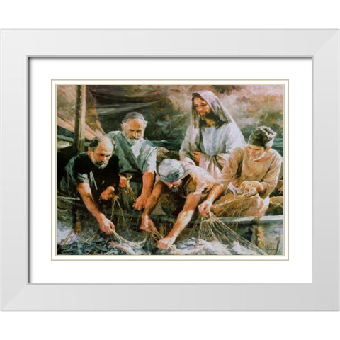 Jesus with Fishers White Modern Wood Framed Art Print with Double Matting by Medeiros, Celito