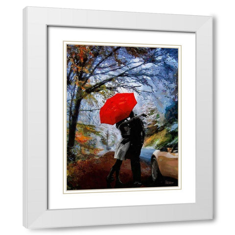 A Kiss under Red Umbrella White Modern Wood Framed Art Print with Double Matting by Medeiros, Celito
