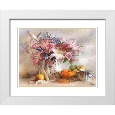 Stilllife with Flowers and Fruits White Modern Wood Framed Art Print with Double Matting by Medeiros, Celito